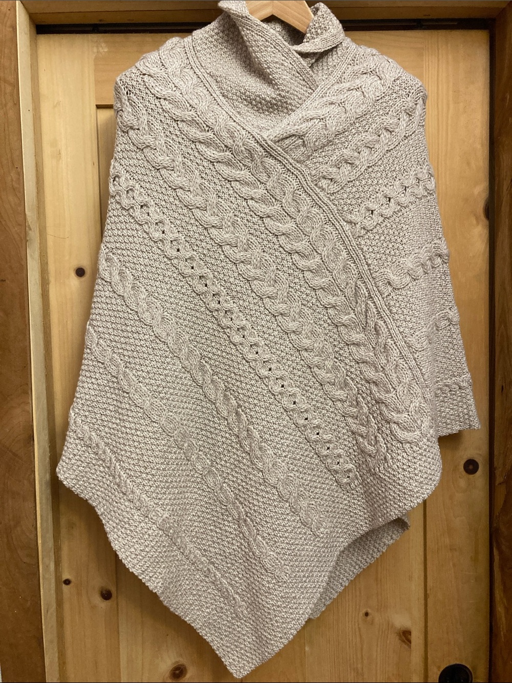 Inis Crafts Merino Wool Cable-Knit Beige Poncho Sweater with Funnel Neck